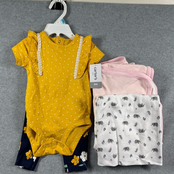 Carter's Other - NWT Carter's Baby Girl's Bodysuit Yellow Polka Dot Navy Floral Pants 6M‎ Bundle